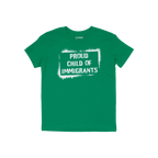 The Proud Child Of Immigrants T-shirt features bold white stencil lettering across the chest, celebrating resilience and lega