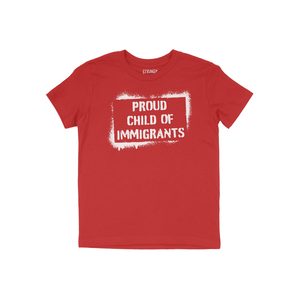Proud Child of Immigrants T-shirt featuring bold stencil-style lettering in a spray-painted border, symbolizing resilience an