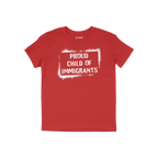 Proud Child of Immigrants T-shirt featuring bold stencil-style lettering in a spray-painted border, symbolizing resilience an