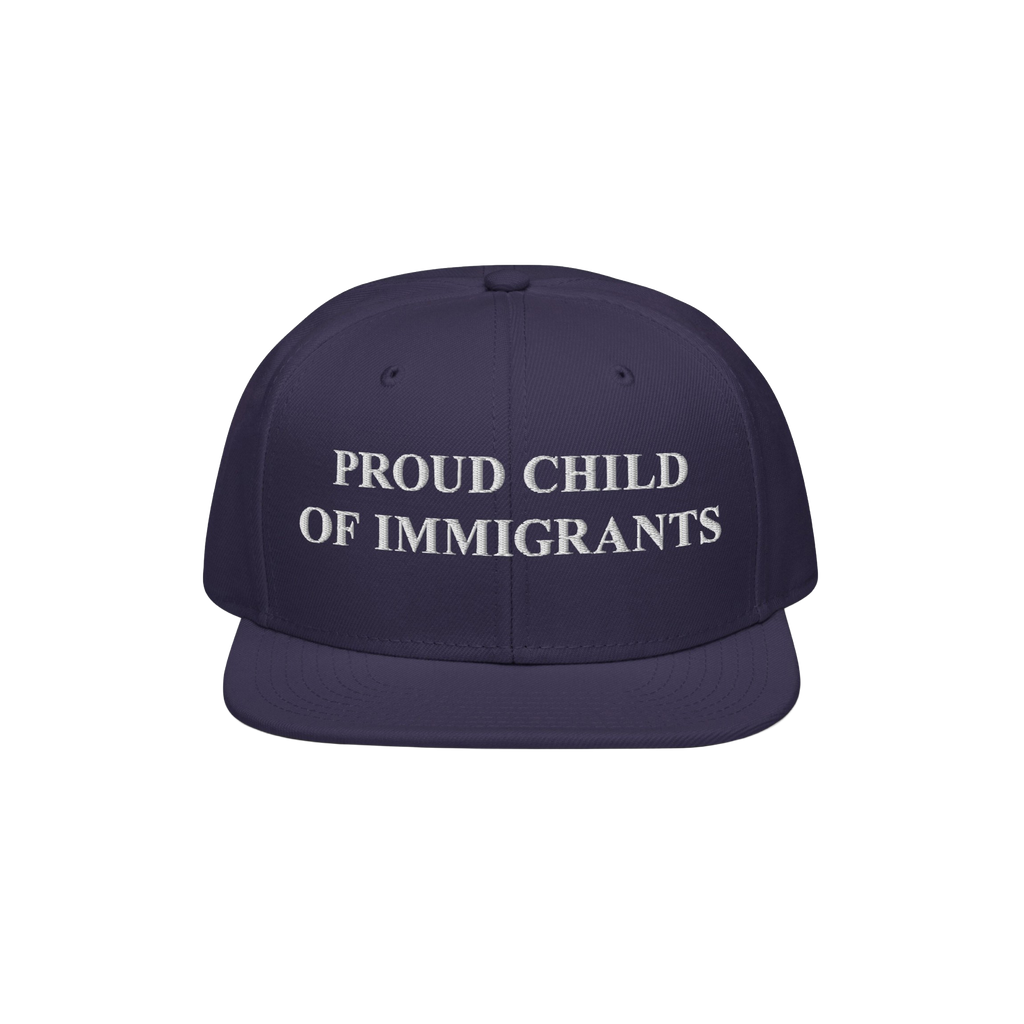 Proud Child of Immigrants Hat with bold white embroidery, symbolizing identity and heritage, showcased on a flat-brimmed snap