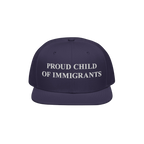 Proud Child of Immigrants Hat with bold white embroidery, symbolizing identity and heritage, showcased on a flat-brimmed snap