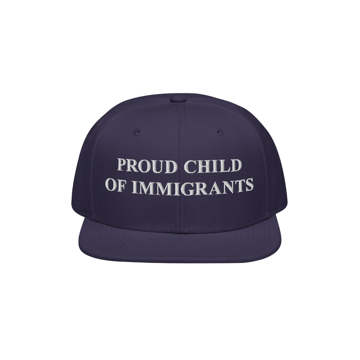 Proud Child of Immigrants Hat with bold white embroidery, symbolizing identity and heritage, showcased on a flat-brimmed snap
