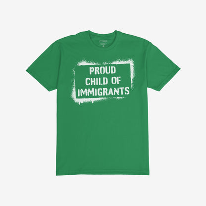 Proud Child Of Immigrants T-shirt featuring a distressed white frame and slogan, embodying strength and migration legacy, ideal for expressing cultural pride and inclusivity through personal style.