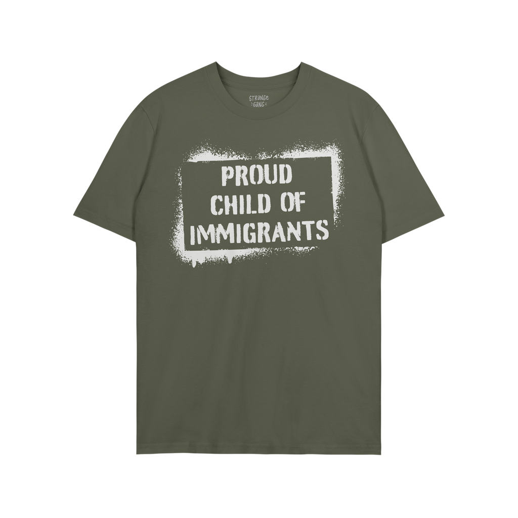Proud Child Of Immigrants T-shirt featuring a distressed white frame and slogan, embodying strength and migration legacy, ide