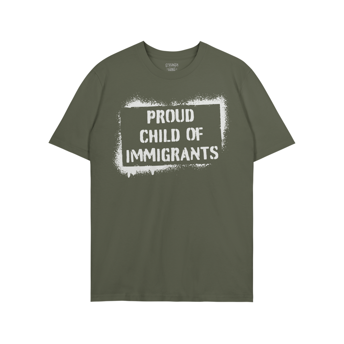 Proud Child Of Immigrants T-shirt featuring a distressed white frame and slogan, embodying strength and migration legacy, ide