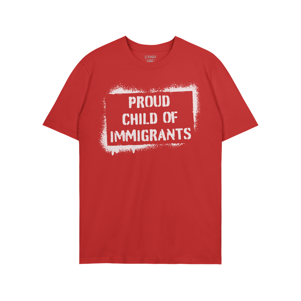 Proud Child of Immigrants T-shirt featuring a white stencil-style graphic. Celebrating family strength and migration legacy, 