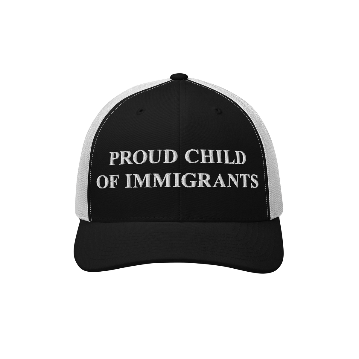 Black-and-white trucker cap with PROUD CHILD OF IMMIGRANTS embroidered on the front, symbolizing identity and heritage, echoi