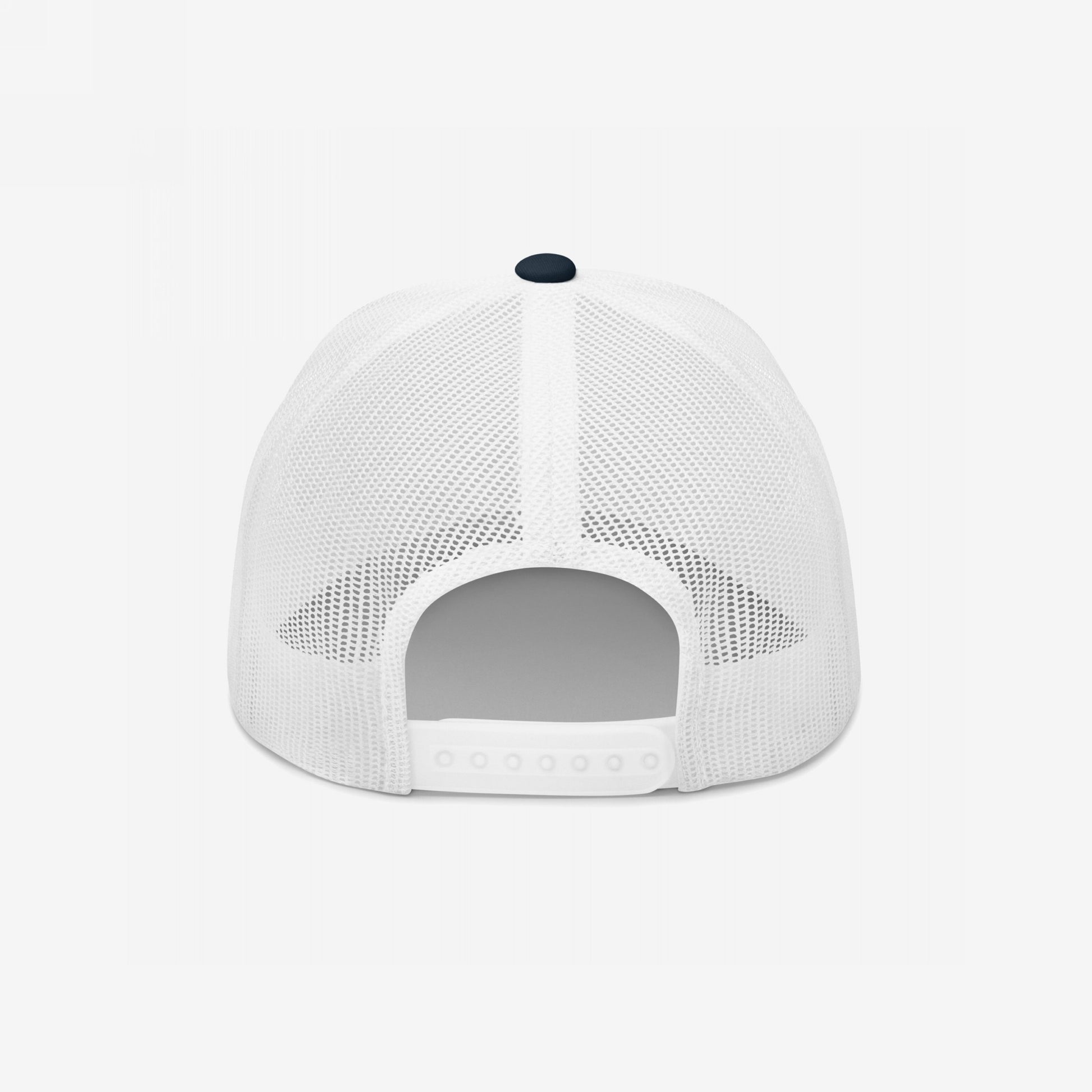 Rear view of the Proud Child Of Immigrants Hat, featuring a white mesh trucker style with an adjustable plastic snap closure, symbolizing identity and heritage with minimalist embroidery.