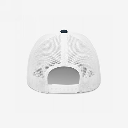 Rear view of the Proud Child Of Immigrants Hat, featuring a white mesh trucker style with an adjustable plastic snap closure, symbolizing identity and heritage with minimalist embroidery.