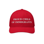 Red trucker-style Proud Child Of Immigrants Hat with white embroidered text, symbolizing identity and heritage. A minimalist,