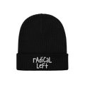 Black rib-knit beanie with rAdicAl LeFt. hand-drawn embroidery on cuff, reflecting progressive values and bold messages suppo