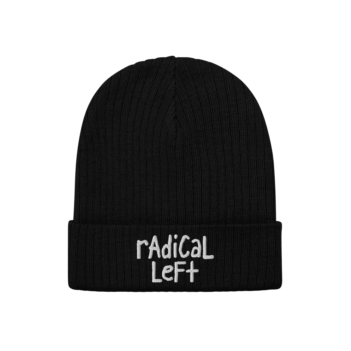 Black rib-knit beanie with rAdicAl LeFt. hand-drawn embroidery on cuff, reflecting progressive values and bold messages suppo