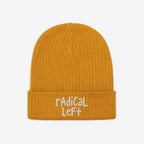 Mustard-yellow, ribbed knit beanie with Radical Left embroidered in white on the cuff, embodying progressive style and support for human rights, aligning with values of equality and justice.