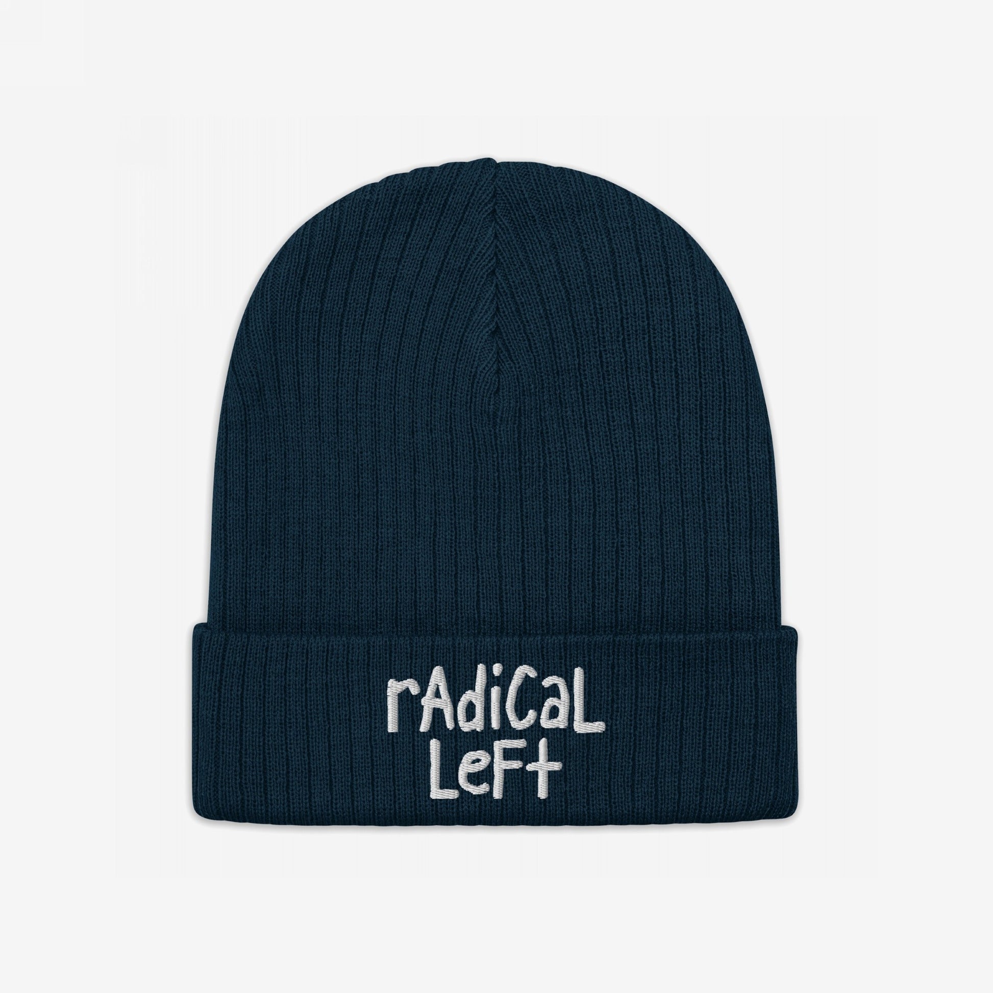 Dark-blue ribbed knit beanie with folded cuff, featuring “rAdicAl LeFt.” embroidered in white. The Radical Left Hat embodies progressive values and comfort, supporting equality and challenging fearmongering.