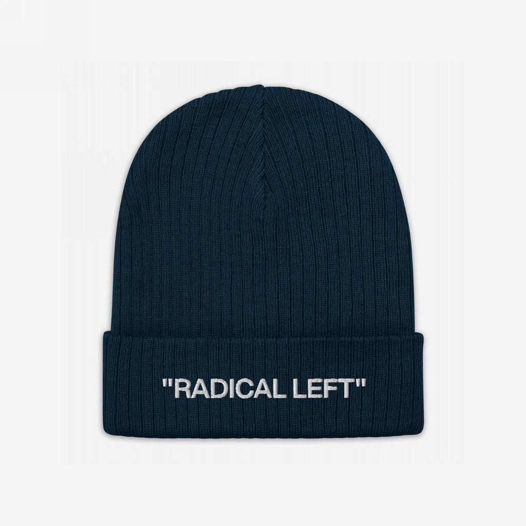 Navy-blue, ribbed knit beanie with RADICAL LEFT in white on the cuff, embodying the Radical Left Classic Hat's bold, ironic statement for progressive individuals.