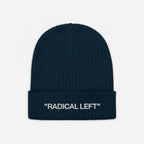 Navy-blue, ribbed knit beanie with RADICAL LEFT in white on the cuff, embodying the Radical Left Classic Hat's bold, ironic statement for progressive individuals.