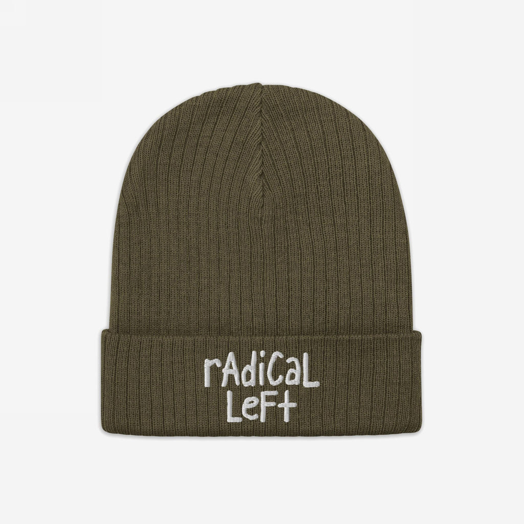 Rib-knit beanie featuring Radical Left embroidered on the cuff in a hand-drawn style, embodying progressive values and a bold message against fascism and racism.