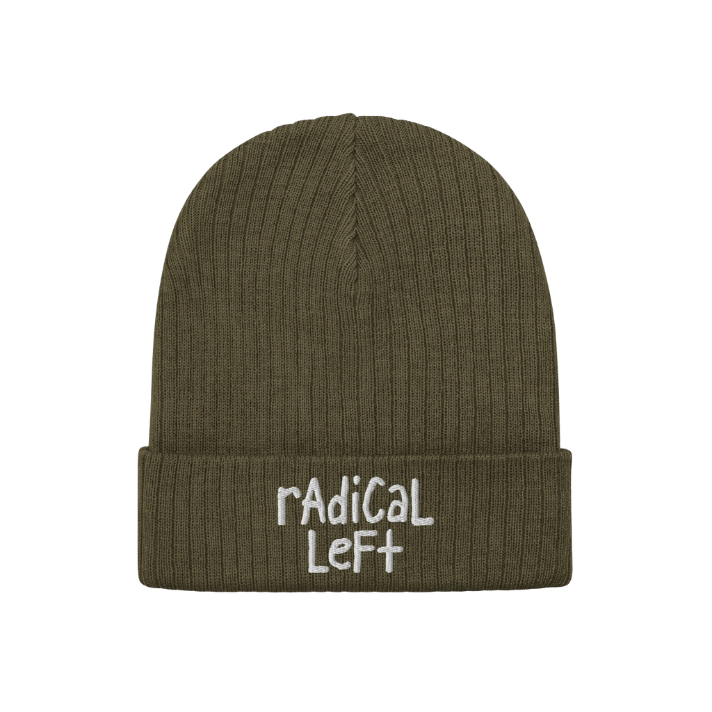 Rib-knit beanie featuring Radical Left embroidered on the cuff in a hand-drawn style, embodying progressive values and a bold
