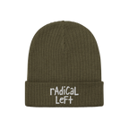 Rib-knit beanie featuring Radical Left embroidered on the cuff in a hand-drawn style, embodying progressive values and a bold