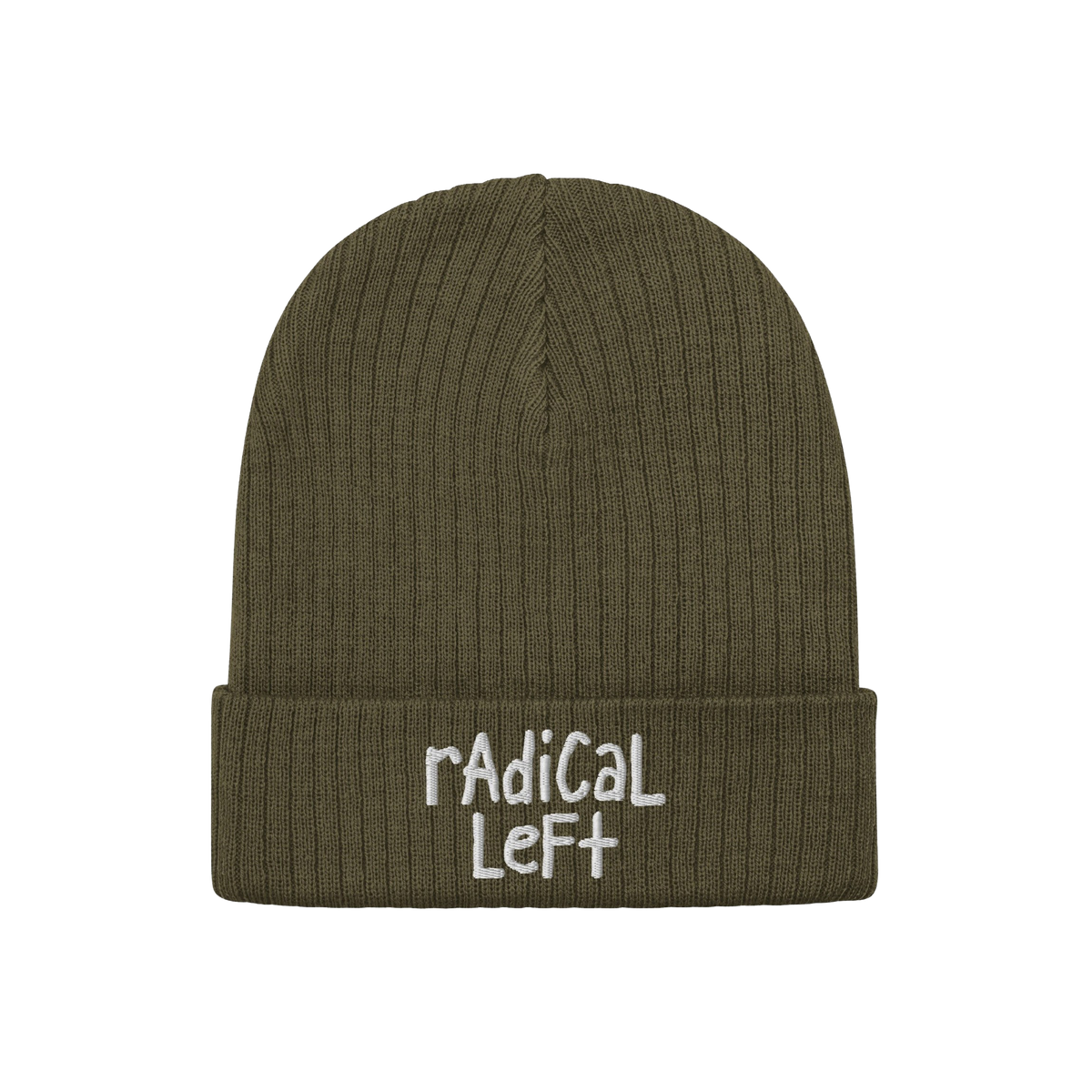 Rib-knit beanie featuring Radical Left embroidered on the cuff in a hand-drawn style, embodying progressive values and a bold