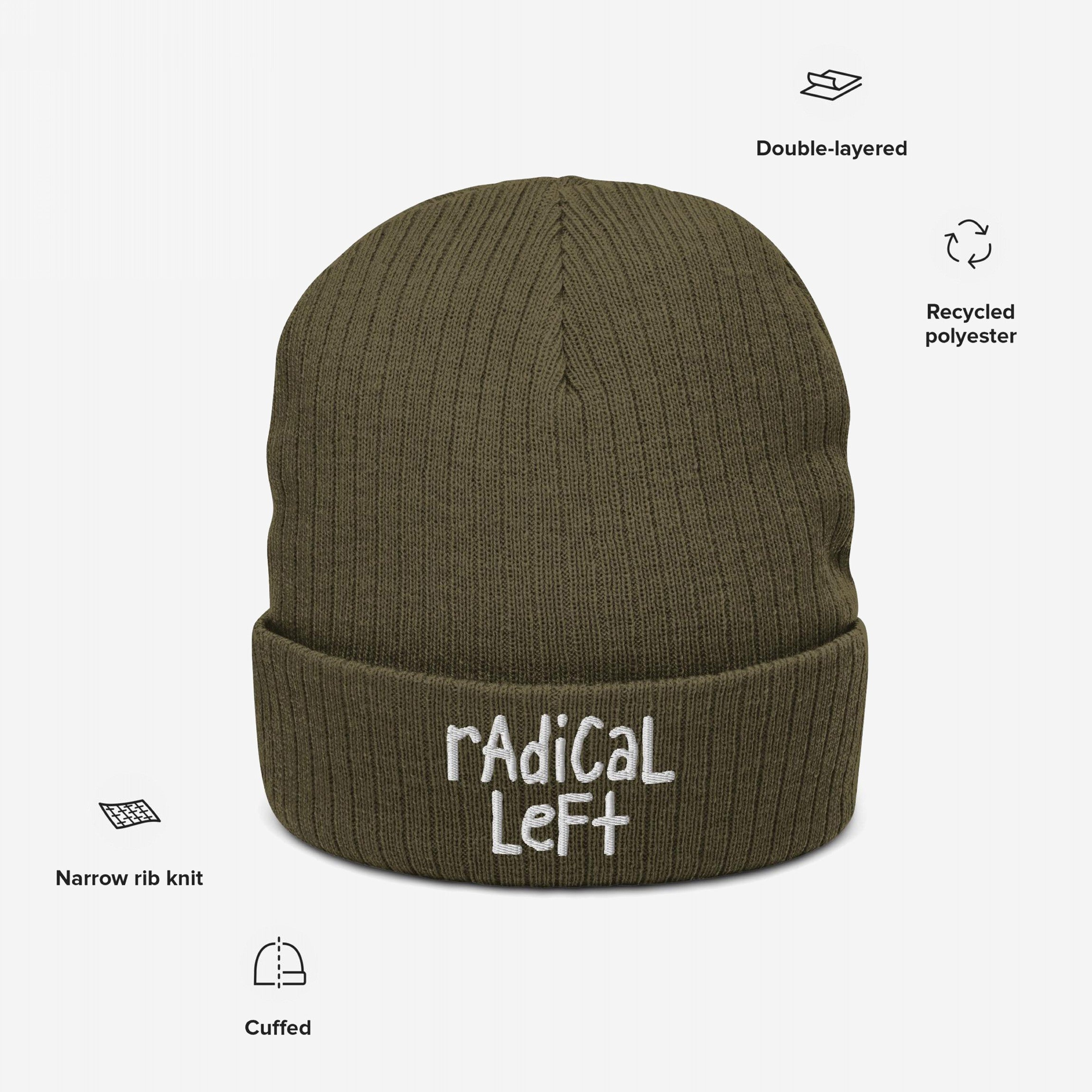 Olive-green Radical Left Hat with hand-drawn “rAdiCaL LeFt” embroidery on the cuff. Features double-layered construction, narrow rib knit, and recycled polyester, reflecting progressive, justice-aligned style.