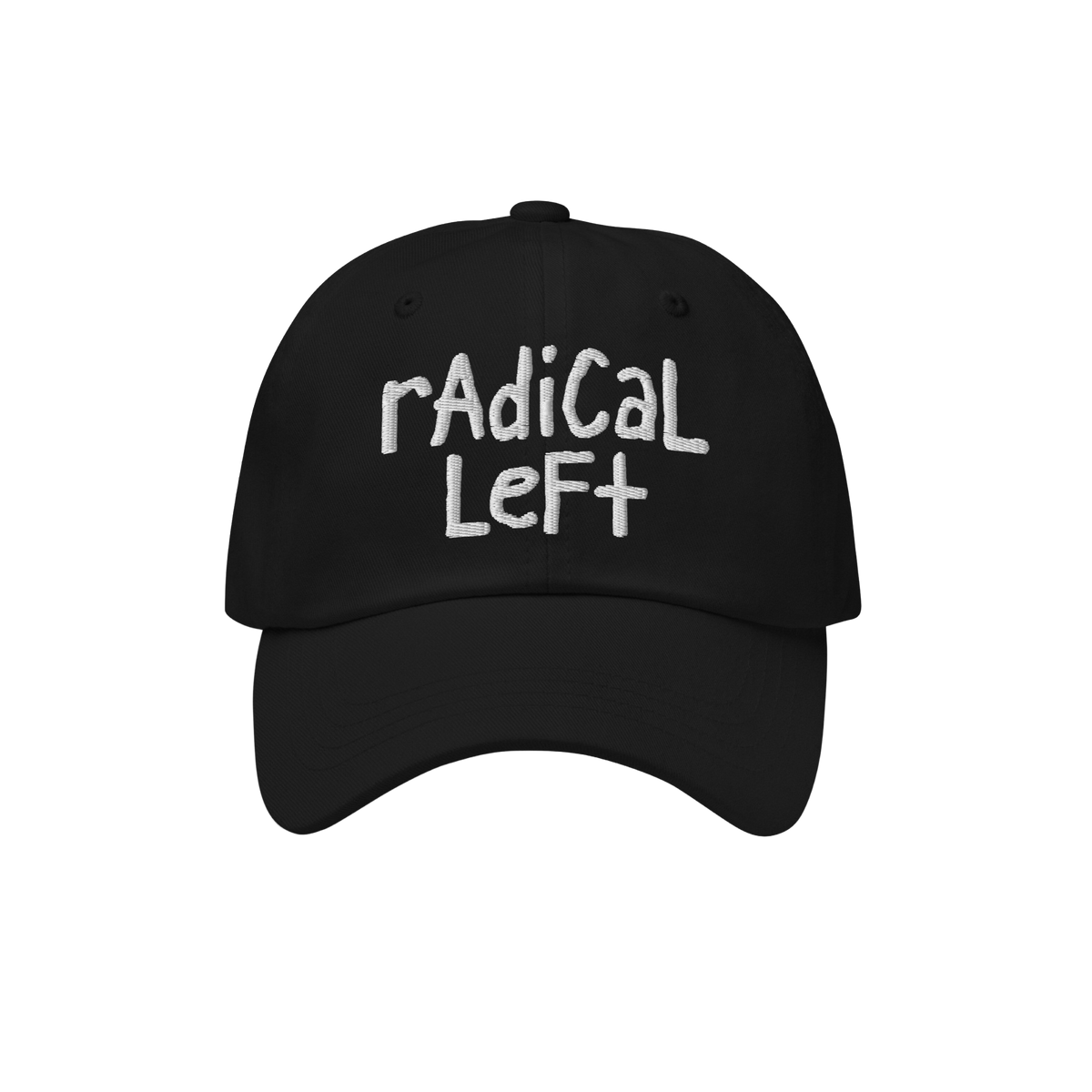 The Radical Left Hat features a black baseball cap with Radical Left in white, hand-drawn embroidery, symbolizing progressive