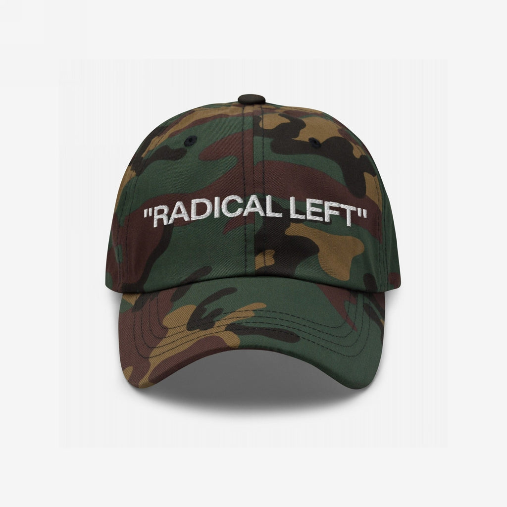 Camouflage baseball cap with RADICAL LEFT embroidered in white, embodying progressive pride and irony. Part of a bold collection for those who stand against fascism and support equality.