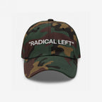 Camouflage baseball cap with RADICAL LEFT embroidered in white, embodying progressive pride and irony. Part of a bold collection for those who stand against fascism and support equality.