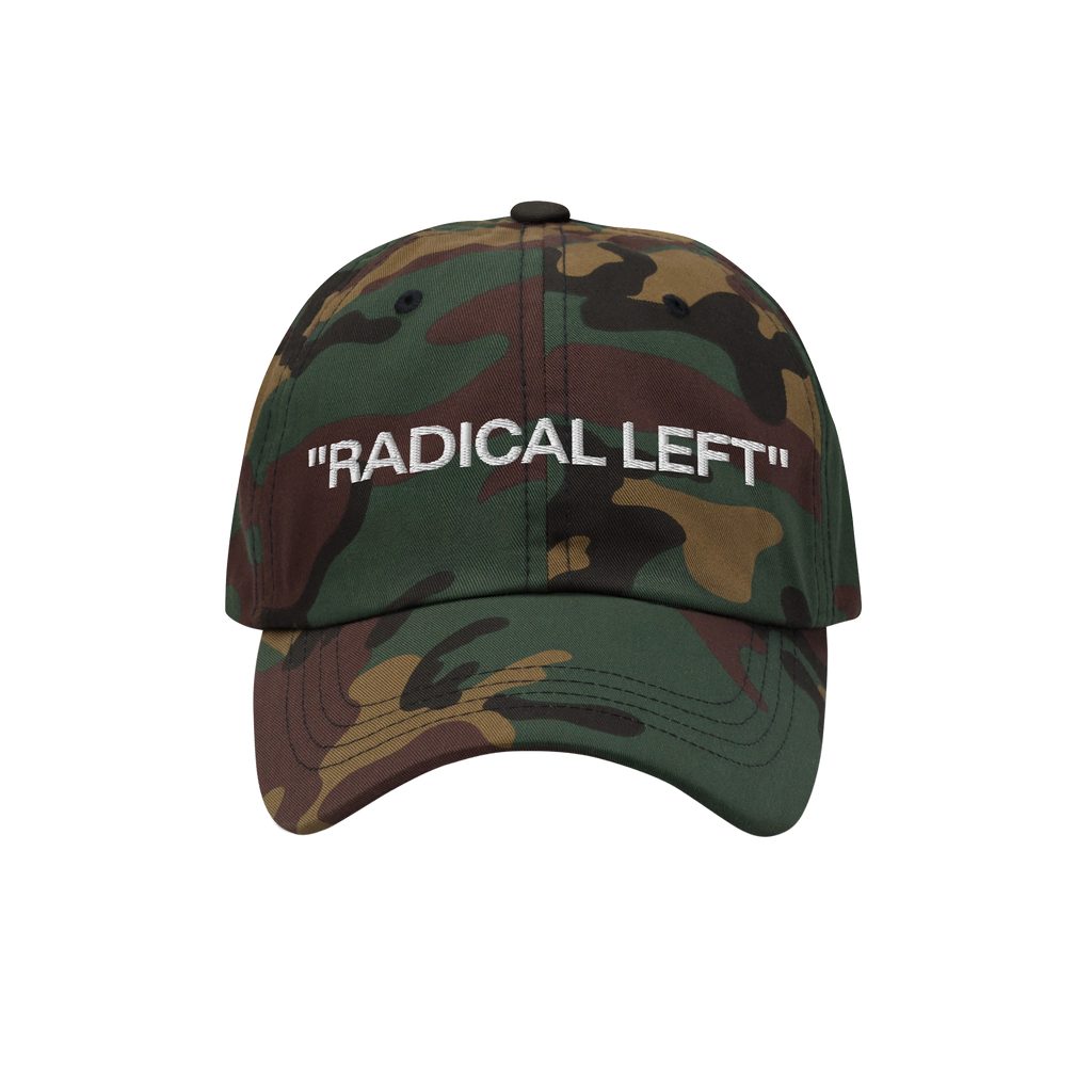 Camouflage baseball cap with RADICAL LEFT embroidered in white, embodying progressive pride and irony. Part of a bold collect
