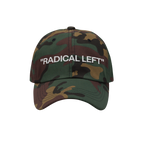 Camouflage baseball cap with RADICAL LEFT embroidered in white, embodying progressive pride and irony. Part of a bold collect