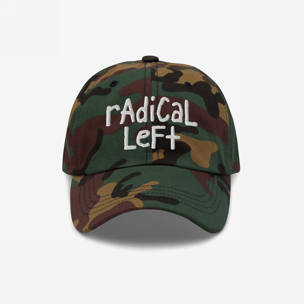 Woodland-camouflage baseball cap with “Radical Left” embroidered in white on the front, representing a progressive message. Perfect for those who support equality and human rights with style.
