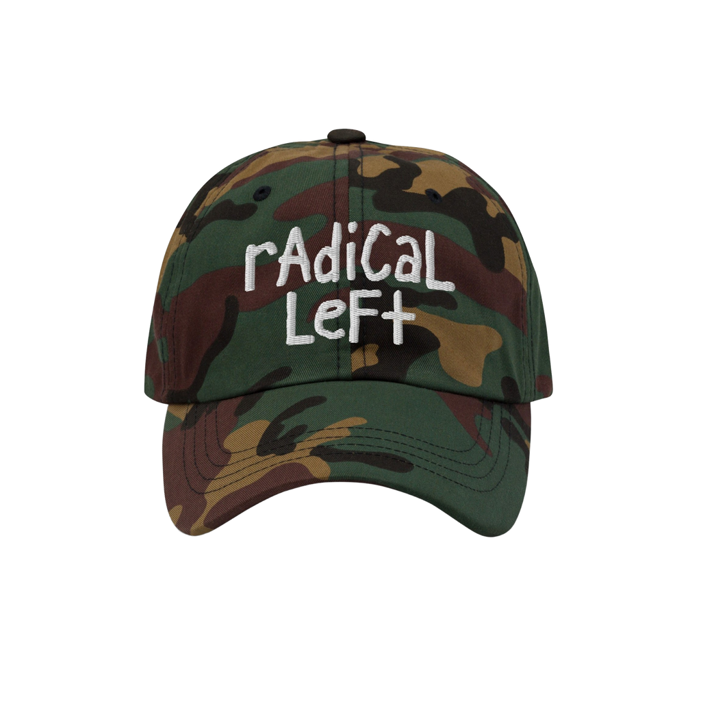 Woodland-camouflage baseball cap with “Radical Left” embroidered in white on the front, representing a progressive messag