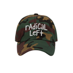 Woodland-camouflage baseball cap with “Radical Left” embroidered in white on the front, representing a progressive messag