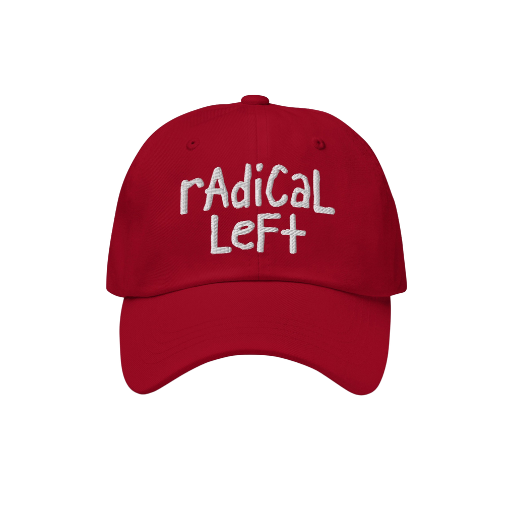 Red baseball-style cap with Radical Left embroidered in white, embodying progressive values. Ideal for those embracing justic