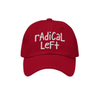Red baseball-style cap with Radical Left embroidered in white, embodying progressive values. Ideal for those embracing justic