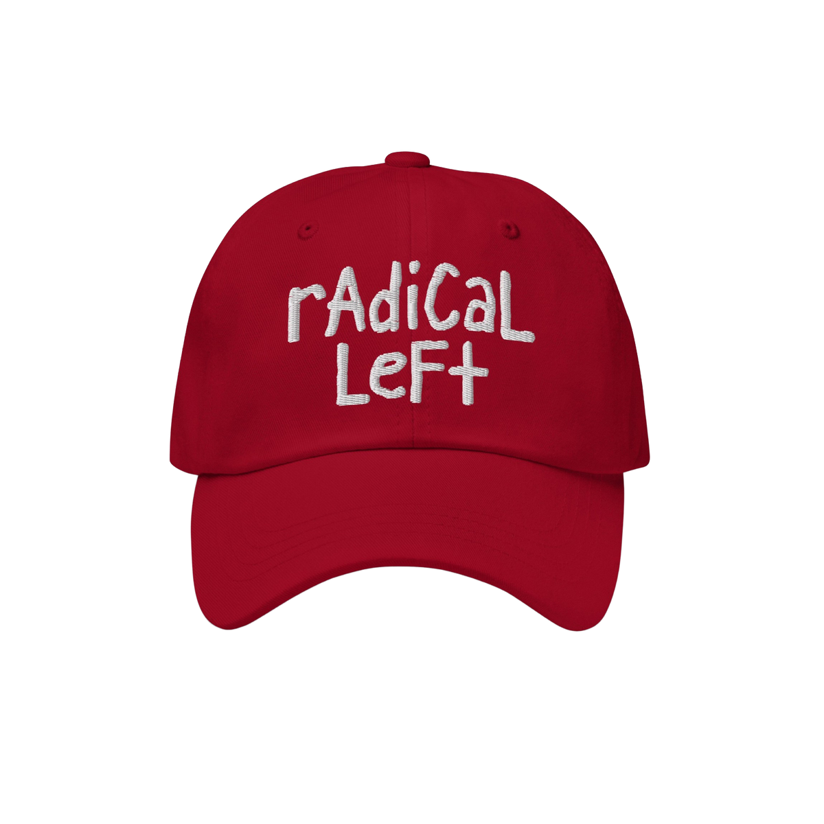 Red baseball-style cap with Radical Left embroidered in white, embodying progressive values. Ideal for those embracing justic