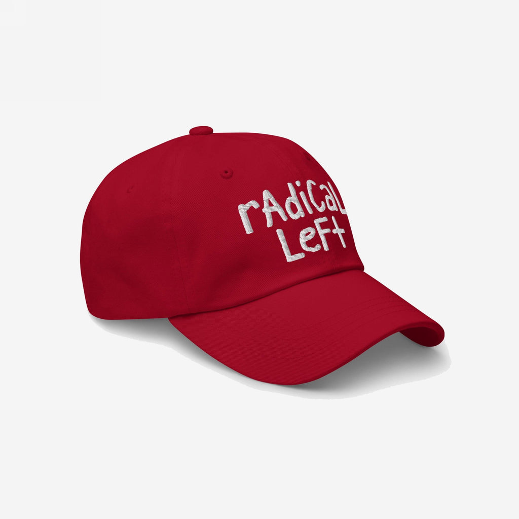 Red baseball cap with white rAdical Left embroidery, embodying progressive values. A bold statement piece for equality supporters, blending casual style with a powerful message.