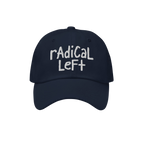 Radical Left Hat featuring radical left embroidered in white on a navy baseball cap, embodying progressive values and support