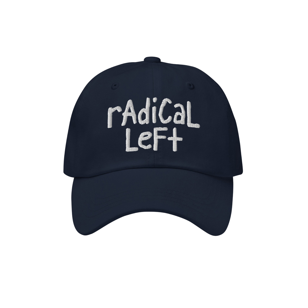 Radical Left Hat featuring radical left embroidered in white on a navy baseball cap, embodying progressive values and support