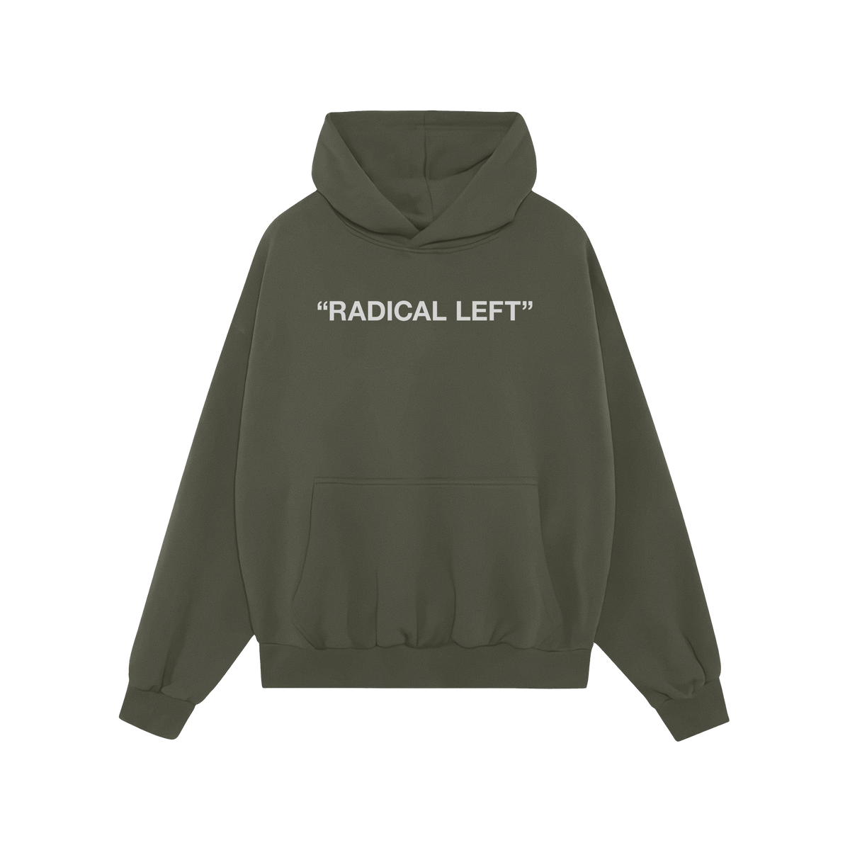 The Radical Left Hoodie features a green pullover design with RADICAL LEFT. in bold white letters, embodying activism and equ