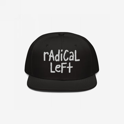 Black snapback cap with white radical left embroidery in a hand-drawn style, embodying a progressive spirit. Quietly comfortable yet bold, reflecting values of equality and resistance against fearmongering.