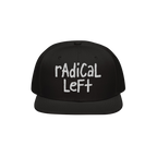 Black snapback cap with radical left in white hand-lettered text. The Radical Left Hat symbolizes progressive values, blendin