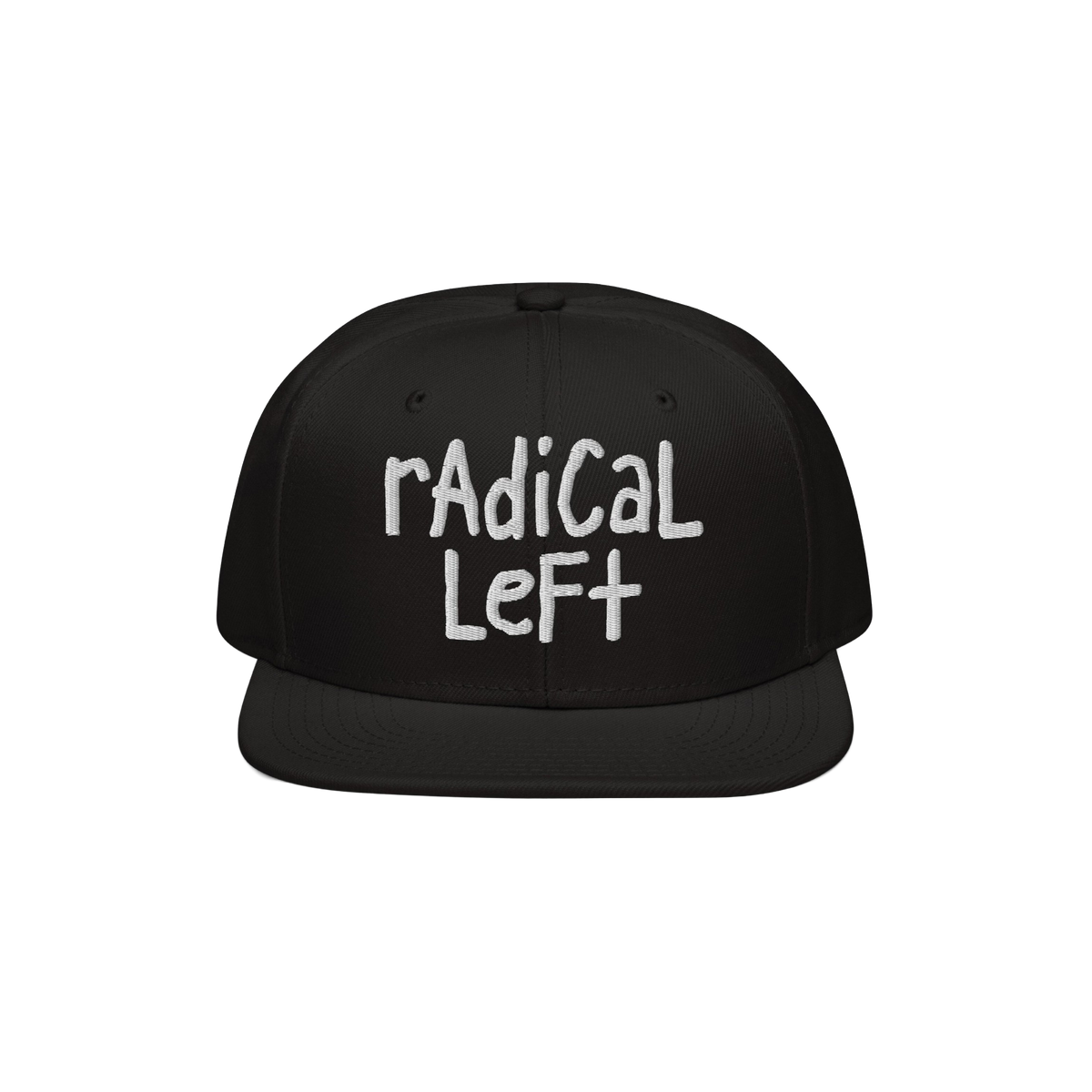 Black snapback cap with radical left in white hand-lettered text. The Radical Left Hat symbolizes progressive values, blendin