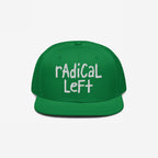 Green snapback baseball cap with radical left in white, hand-drawn-style embroidery. A bold statement piece for progressives, merging casual style with a message supporting equality and justice.