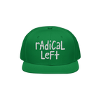 Green snapback baseball cap with radical left in white, hand-drawn-style embroidery. A bold statement piece for progressives,