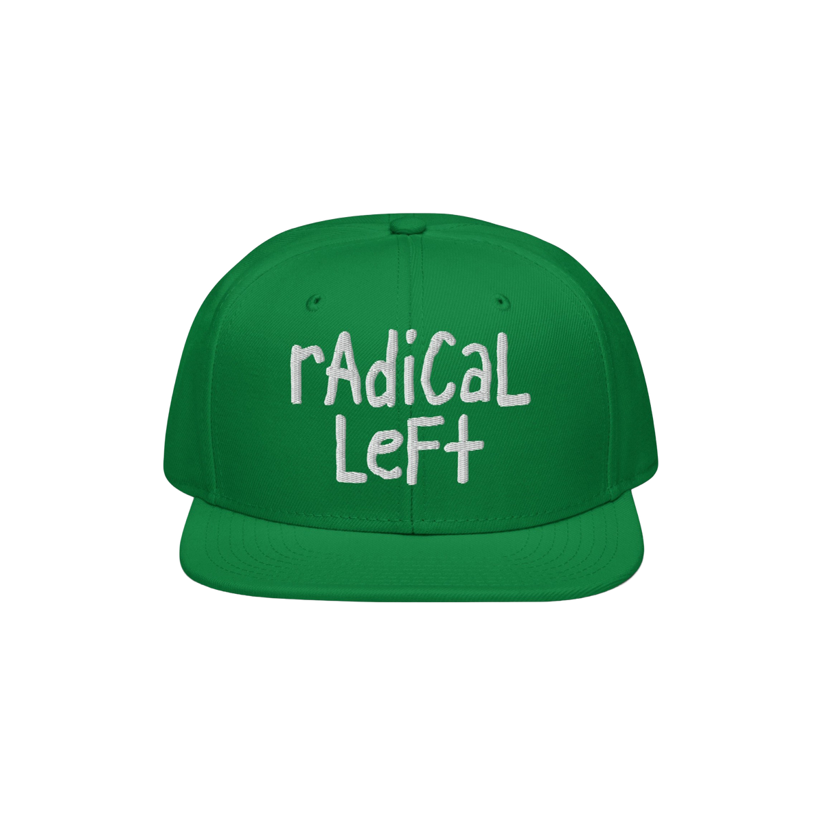 Green snapback baseball cap with radical left in white, hand-drawn-style embroidery. A bold statement piece for progressives,