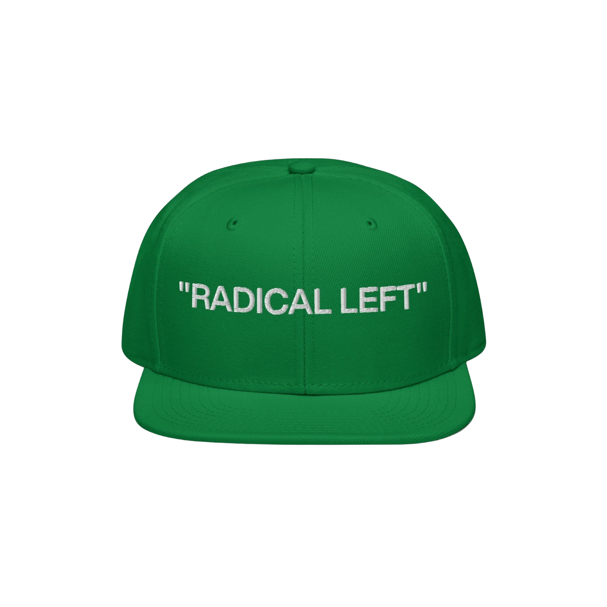 Radical Left Classic Hat: Green snapback cap with 'RADICAL LEFT' in white capitals. Bold statement piece for progressives, re