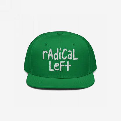 Radical Left Hat: Bright green snapback with 'radical left' embroidered in casual white lettering, embodying a progressive, defiant spirit. A bold accessory for those championing equality and challenging norms.