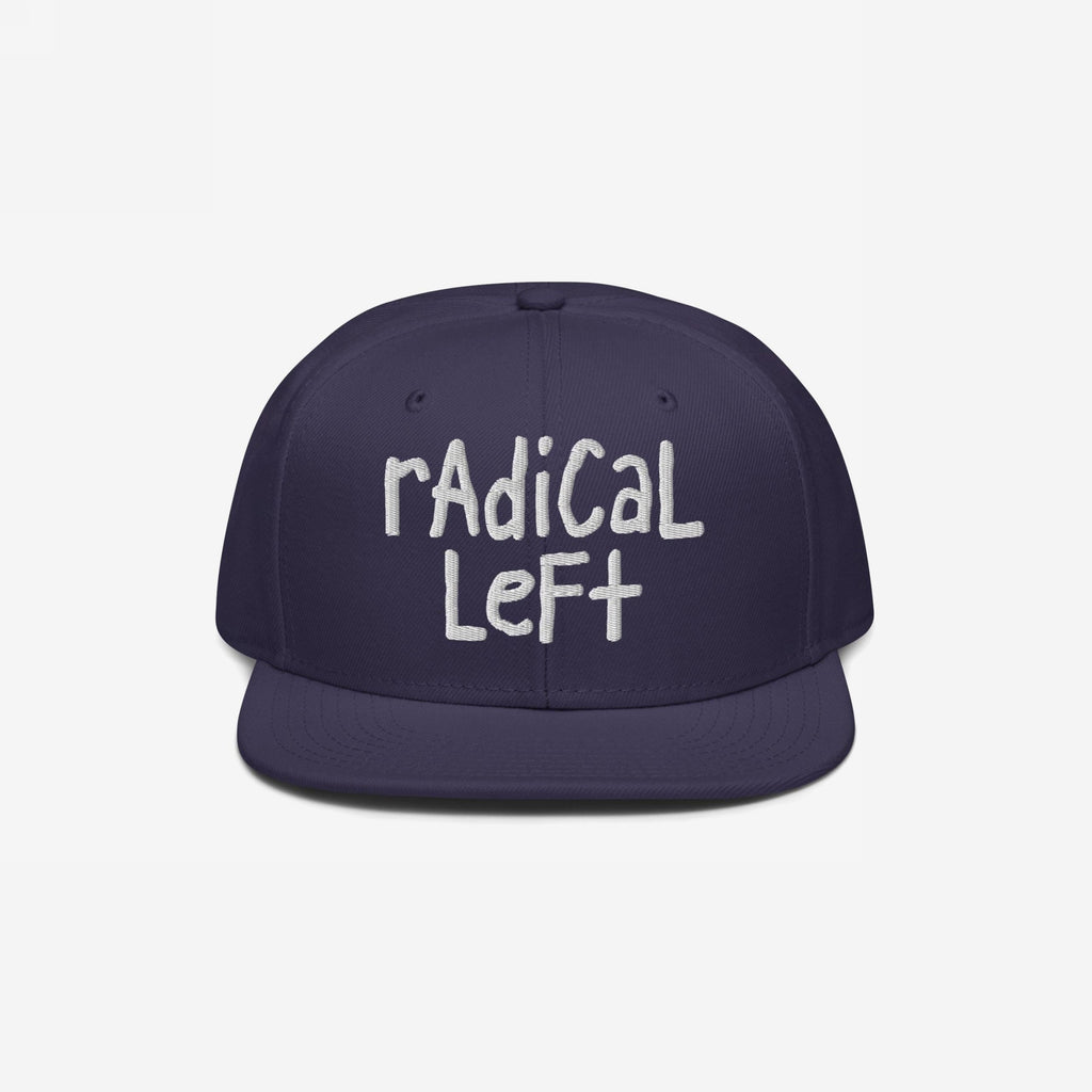 Navy flat-brimmed cap with radical left in white, hand-drawn font, embodying progressive values. Perfect for those championing human rights and equality.