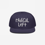 Navy flat-brimmed cap with radical left in white, hand-drawn font, embodying progressive values. Perfect for those championing human rights and equality.